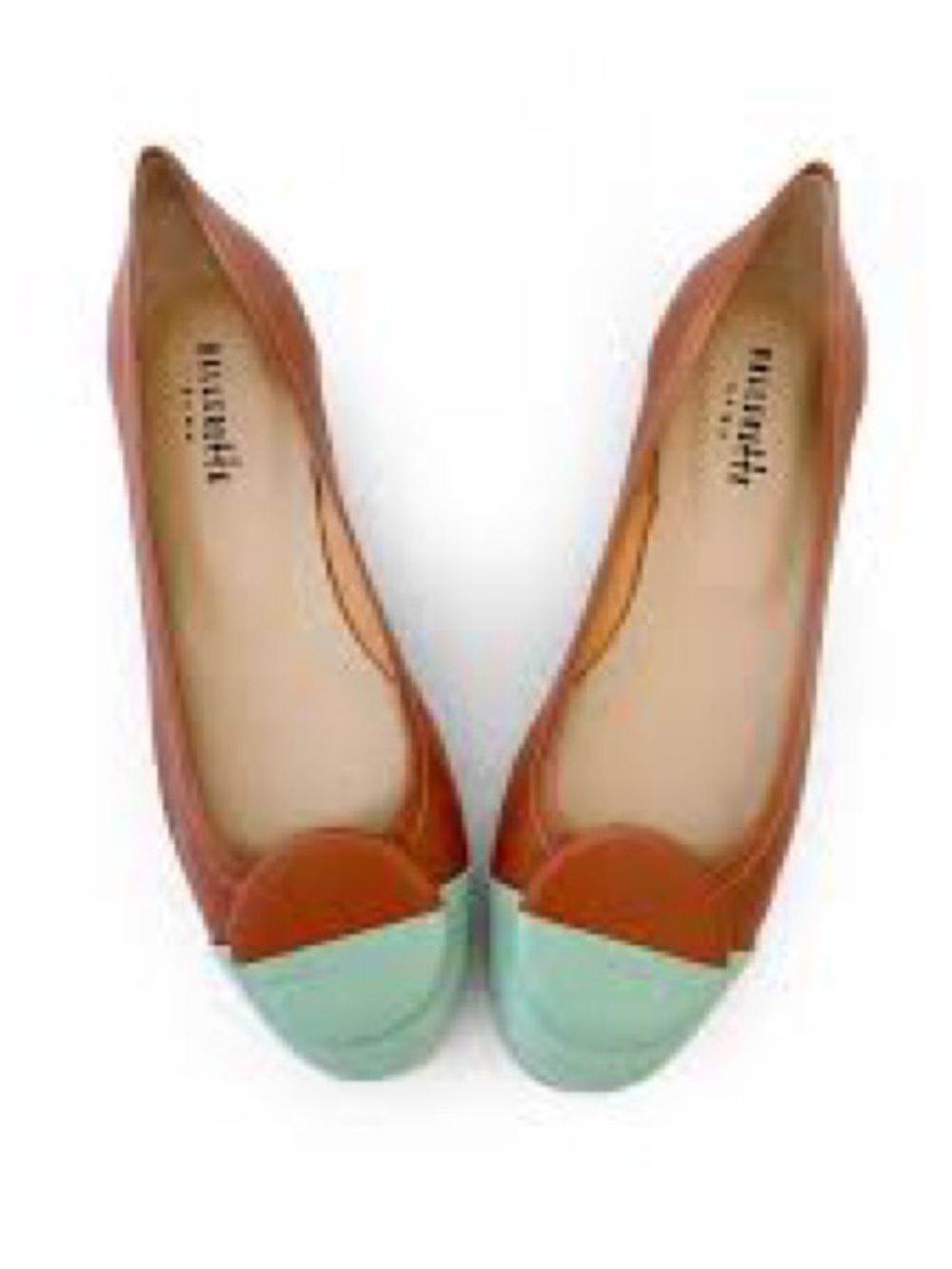 Ballerette Leather Two-Tone Pointed Toe Ballet FlatsBrown and Mint size 7 to7.5